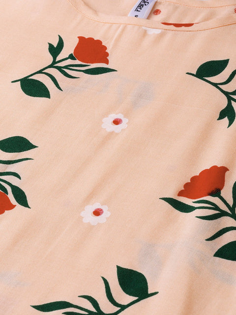 Peach Multi colored Floral printed Straight Kurta with Round neck & 3/4 sleeves