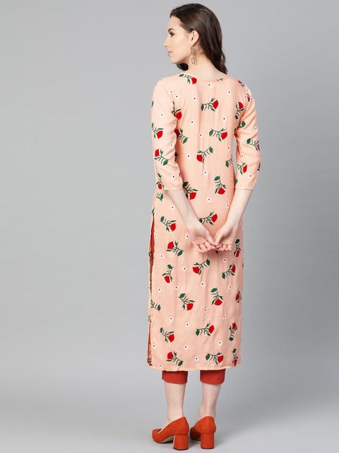 Peach Multi colored Floral printed Straight Kurta with Round neck & 3/4 sleeves