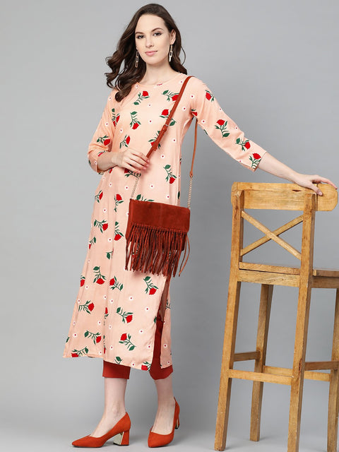 Peach Multi colored Floral printed Straight Kurta with Round neck & 3/4 sleeves