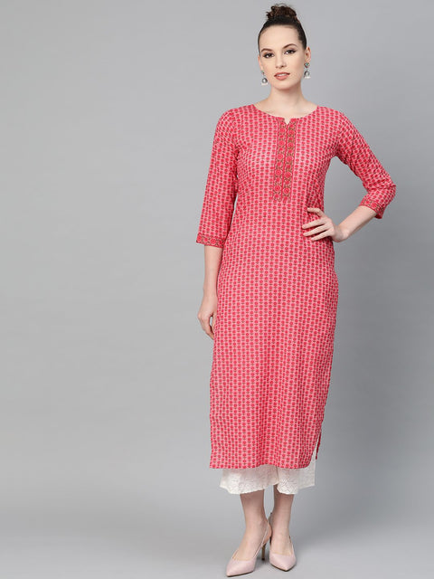 Pink Floral printed Straight Kurta with Round With V & 3/4 sleeves