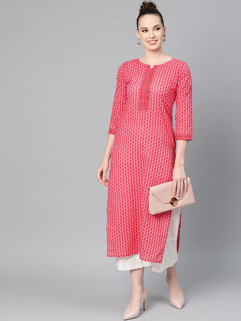 Pink Floral printed Straight Kurta with Round With V & 3/4 sleeves