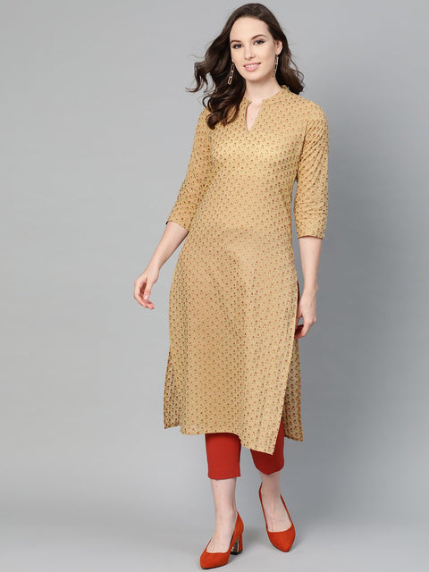 Yellow Printed Straight Kurta with Mandarin Collar with 3/4 sleeves