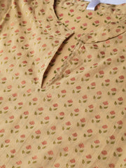 Yellow Printed Straight Kurta with Mandarin Collar with 3/4 sleeves