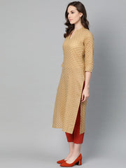 Yellow Printed Straight Kurta with Mandarin Collar with 3/4 sleeves