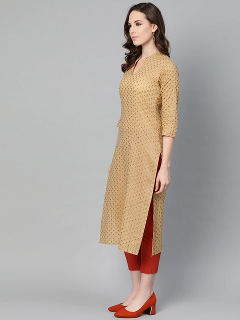 Yellow Printed Straight Kurta with Mandarin Collar with 3/4 sleeves