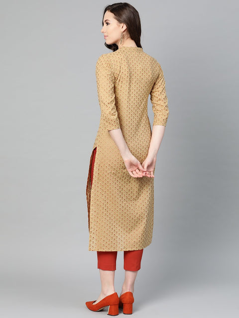 Yellow Printed Straight Kurta with Mandarin Collar with 3/4 sleeves
