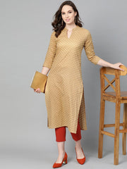 Yellow Printed Straight Kurta with Mandarin Collar with 3/4 sleeves