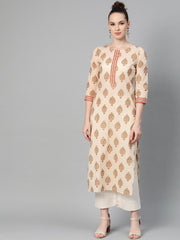 Cream Gold Printed Straight Kurta with Round neck & 3/4 sleeves