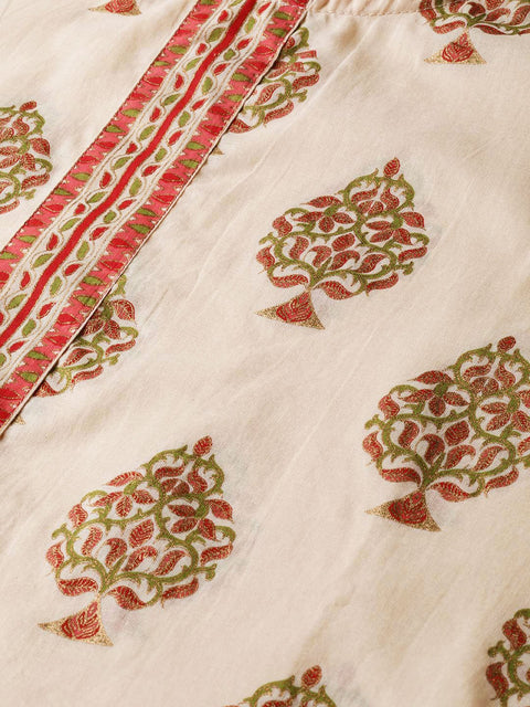 Cream Gold Printed Straight Kurta with Round neck & 3/4 sleeves