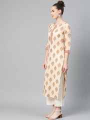 Cream Gold Printed Straight Kurta with Round neck & 3/4 sleeves