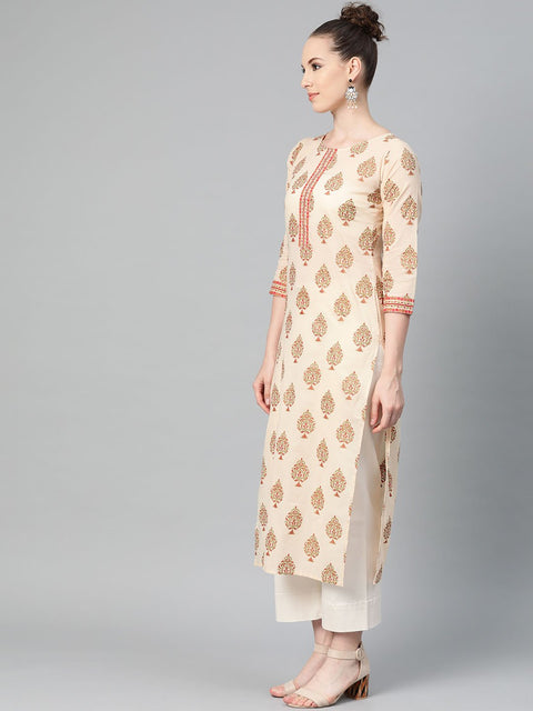 Cream Gold Printed Straight Kurta with Round neck & 3/4 sleeves