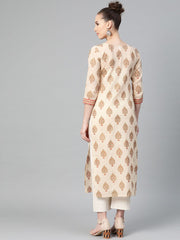 Cream Gold Printed Straight Kurta with Round neck & 3/4 sleeves