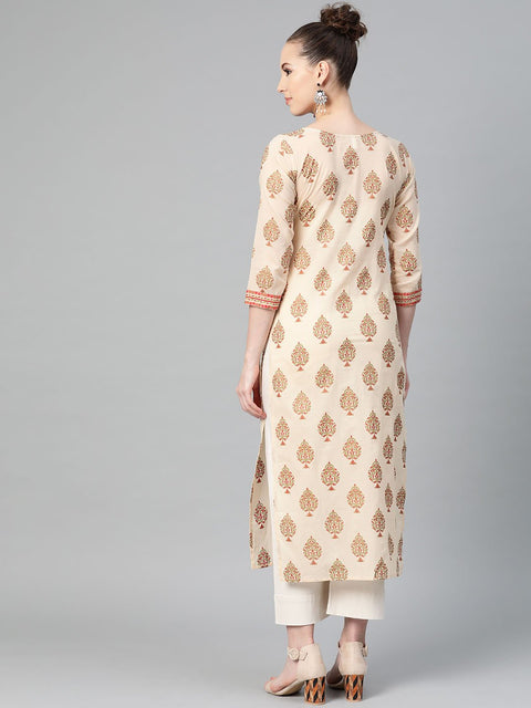 Cream Gold Printed Straight Kurta with Round neck & 3/4 sleeves