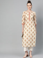 Cream Gold Printed Straight Kurta with Round neck & 3/4 sleeves