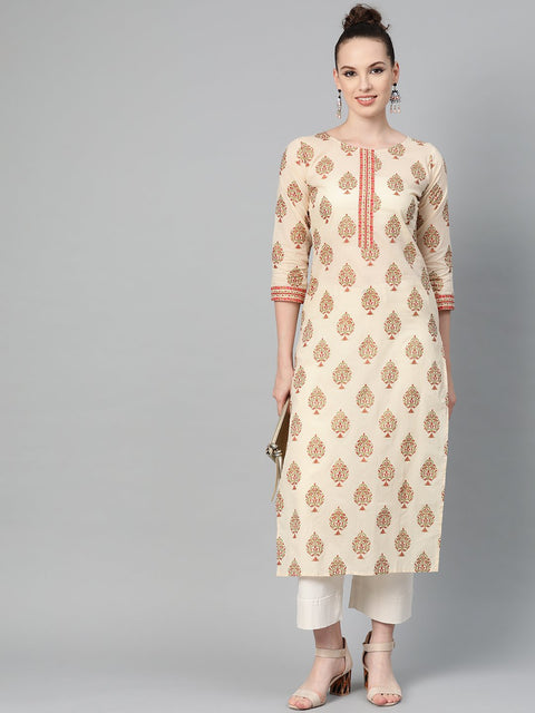 Cream Gold Printed Straight Kurta with Round neck & 3/4 sleeves
