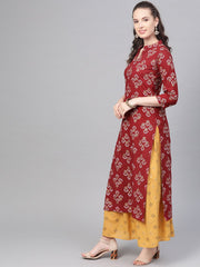 Berry Red & Mustard Yellow gold Printed Kurta set with Skirt
