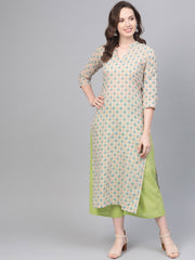 Cream Printed Kurta set with Solid green Pant