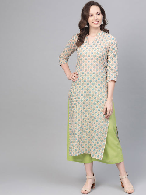 Cream Printed Kurta set with Solid green Pant