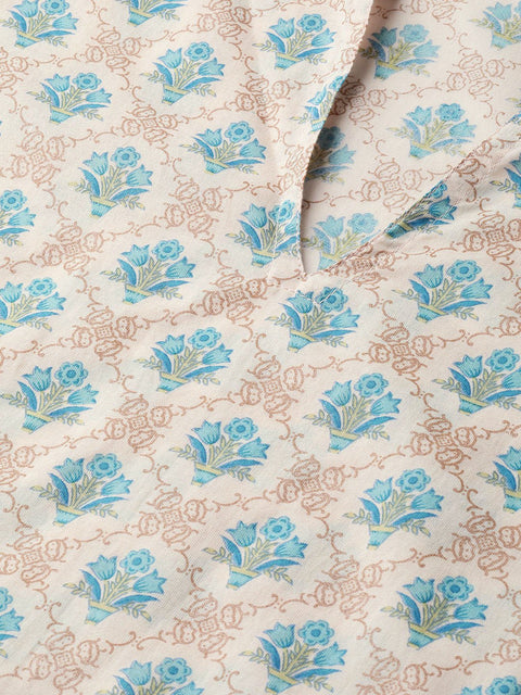 Cream Printed Kurta set with Solid green Pant