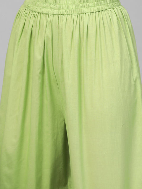 Cream Printed Kurta set with Solid green Pant