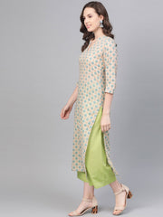 Cream Printed Kurta set with Solid green Pant