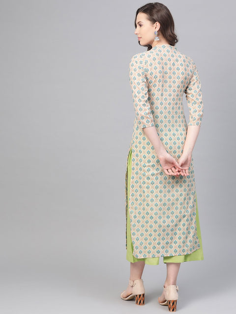 Cream Printed Kurta set with Solid green Pant