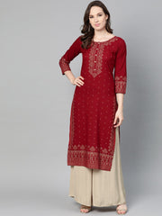 Maroon Gold printed Kurta with Round neck & 3/4 sleeves