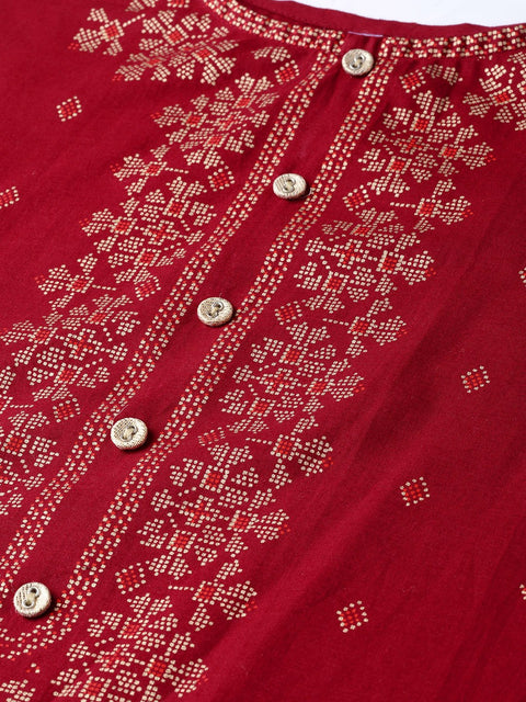 Maroon Gold printed Kurta with Round neck & 3/4 sleeves