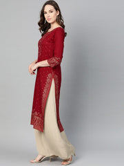 Maroon Gold printed Kurta with Round neck & 3/4 sleeves