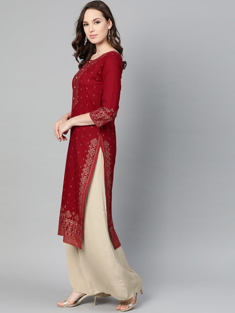 Maroon Gold printed Kurta with Round neck & 3/4 sleeves