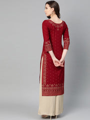 Maroon Gold printed Kurta with Round neck & 3/4 sleeves