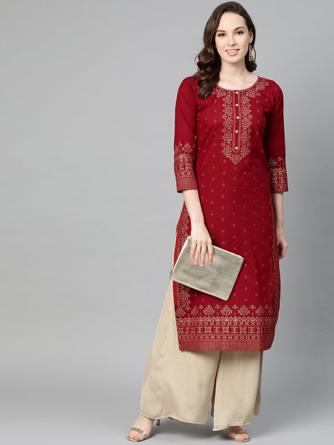 Maroon Gold printed Kurta with Round neck & 3/4 sleeves