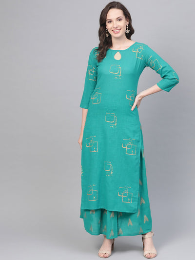 Green Printed Kurta Set With Printed skirt