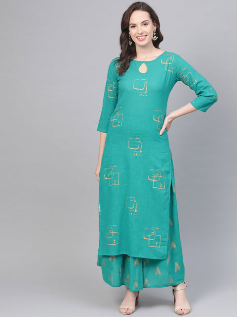 Green Printed Kurta Set With Printed skirt