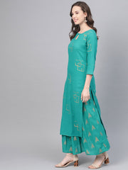 Green Printed Kurta Set With Printed skirt