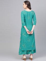 Green Printed Kurta Set With Printed skirt