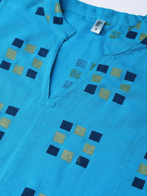 Blue and Beige Printed Kurta Set With Printed Skirt