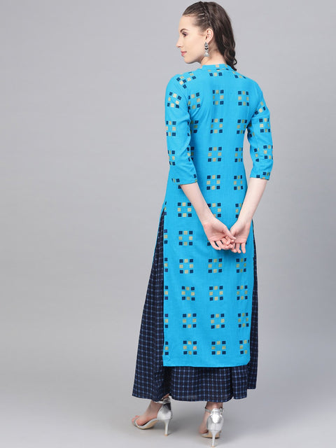 Blue and Beige Printed Kurta Set With Printed Skirt
