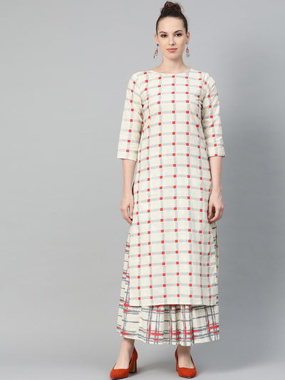 Cream Multi printed Kurta Set with Skirt