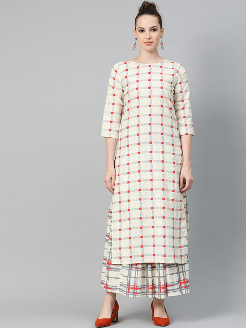 Cream Multi printed Kurta Set with Skirt