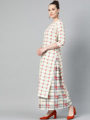 Cream Multi printed Kurta Set with Skirt