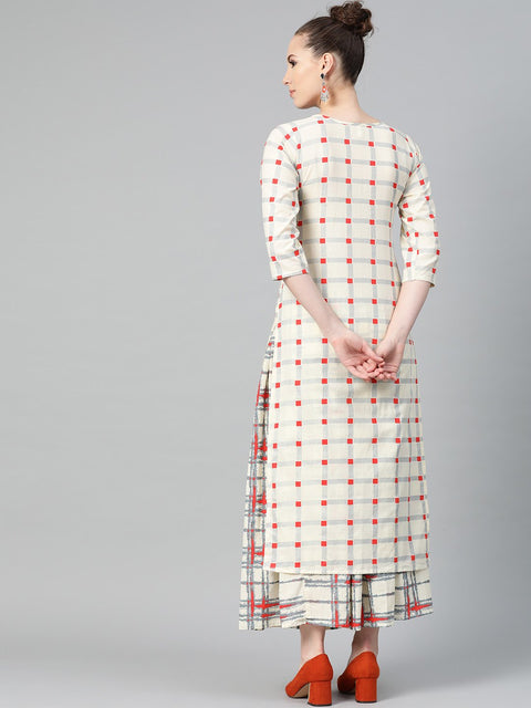 Cream Multi printed Kurta Set with Skirt