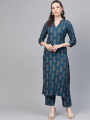 Teal Blue Gold printed Kurta Set With Pant