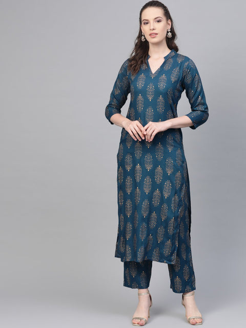 Teal Blue Gold printed Kurta Set With Pant