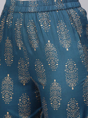 Teal Blue Gold printed Kurta Set With Pant