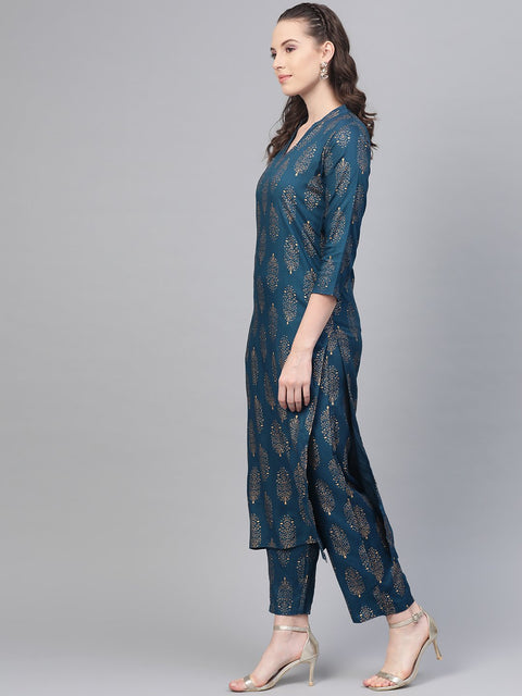 Teal Blue Gold printed Kurta Set With Pant