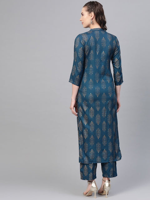 Teal Blue Gold printed Kurta Set With Pant