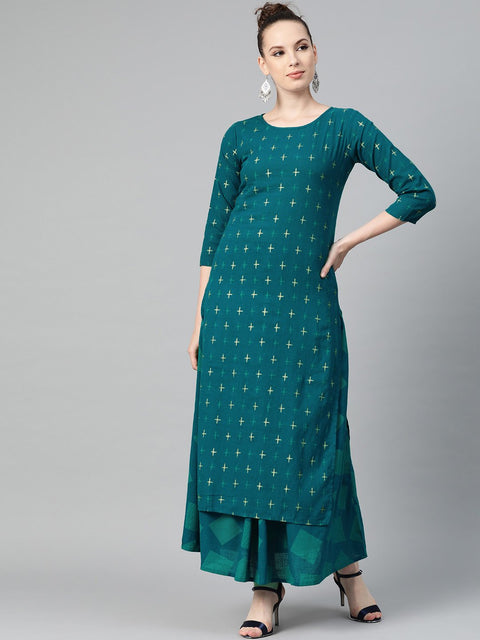 Teal green Gold Geometric printed Kurta set with Skirt
