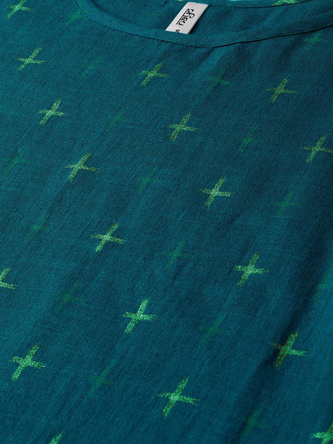 Teal green Gold Geometric printed Kurta set with Skirt