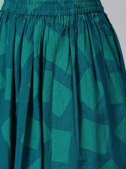Teal green Gold Geometric printed Kurta set with Skirt
